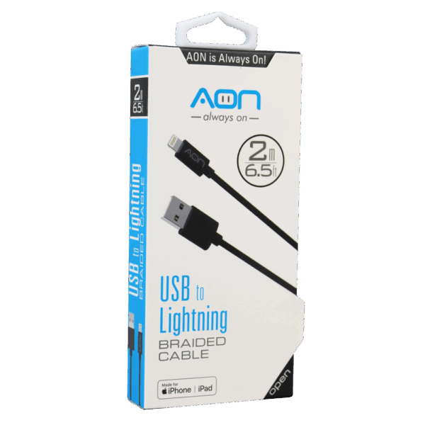 AON Cable  USB-A a Lightning (Nylon - Negro) de 2m