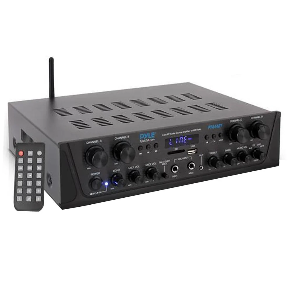 PYLE - Amplificador de 500Watts - BT + FM Radio + RCA Out + USB/Mic/Aux - PTA44BT