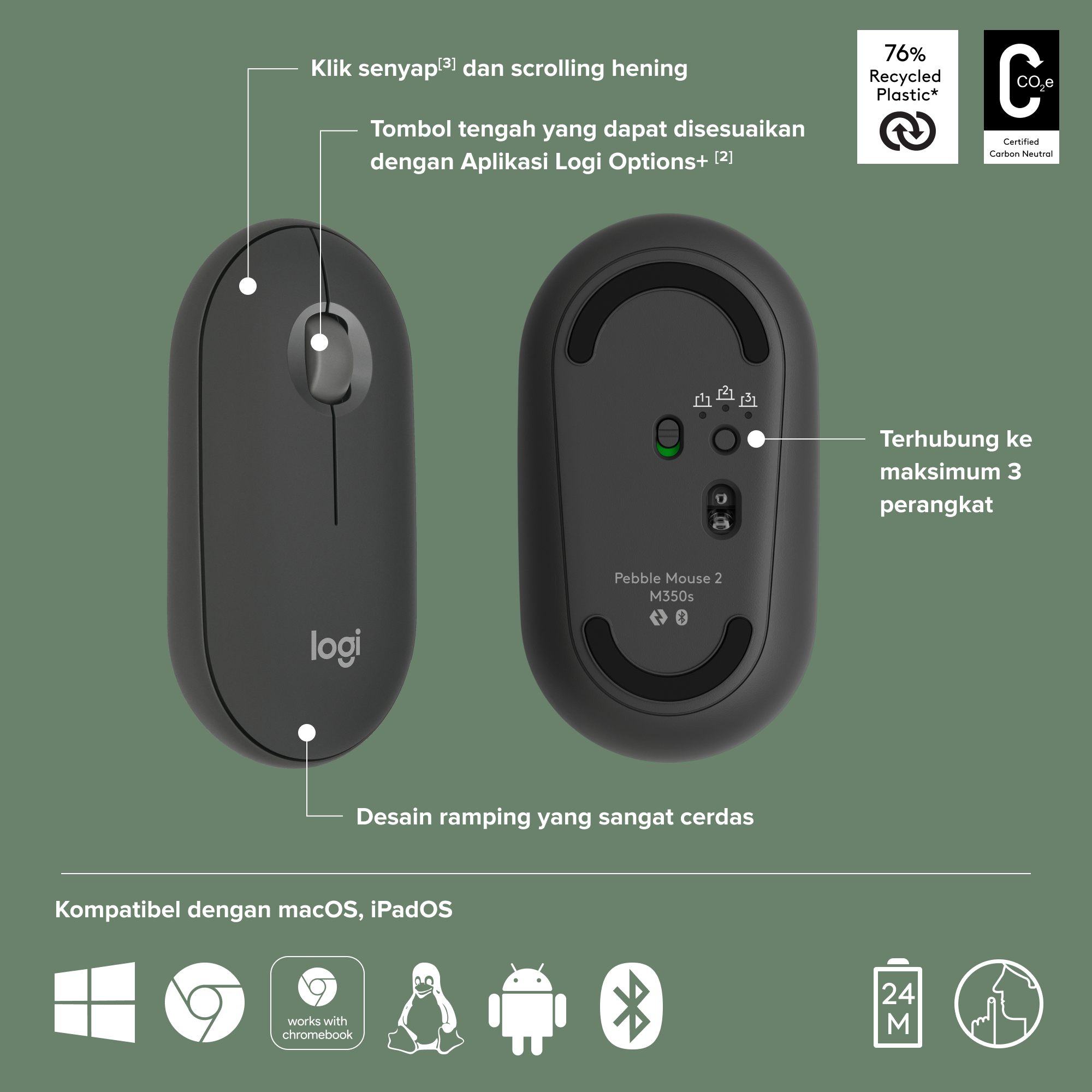 Logitech Mouse PEBBLE 2 M350s BT Grafito - 910-007049